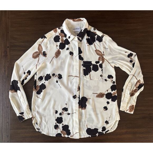 Ganni Blouse Shirt Ryder Crepe Floral Print Relaxed Fall Colors S - Picture 1 of 15